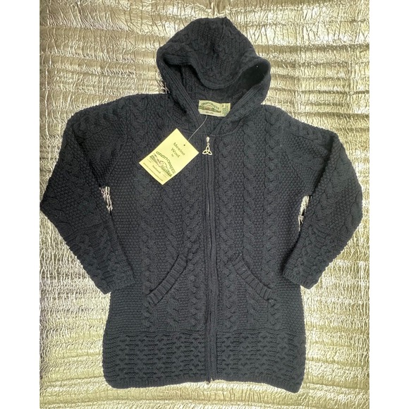 Aran Crafts Sweaters - Aran Crafts Ireland Merino Wool Cable Knit Hooded Zip Cardigan Navy Blue Medium